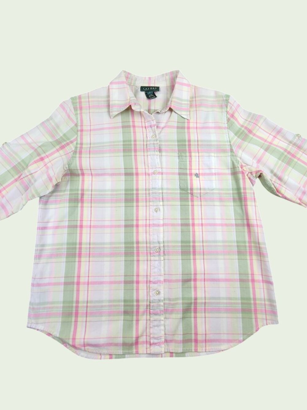 Ralph Lauren Woman's Top Casual Button-Down Short Sleeve Green Pink Plaid Large